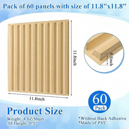 Nuanchu 60 Pcs 3D Wall Panels, 12"x12" PVC Fluted Tiles, Natural Oak | Waterproof Accent Panels, Paintable Wall Tiles, for TV Background, Bedroom, Bathroom, Gaming Room, Cuttable Home DIY Decor