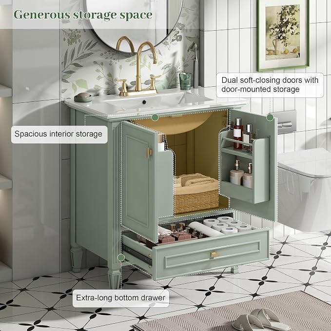 Merax 30 Inch Bathroom Vanities with Undermount Sink, Vanity Cabinet with Door Rack Shelf, Multi-Functional Drawer with Dividers, Soft Closing Doors, Green