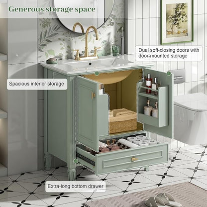 Merax 30 Inch Bathroom Vanities with Undermount Sink, Vanity Cabinet with Door Rack Shelf, Multi-Functional Drawer with Dividers, Soft Closing Doors, Green