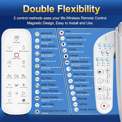 KERDE 08 Smart Electric Bidet Toilet Seat with Warm Air Dryer Heated Adjustable Warm Water Seat Temperature Self-Cleaning Nozzle Easy Installation for Most Toilets Elongated (Remote+Armrest)