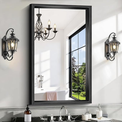 CIRCUMI 24"x40" Black Mirror with Chunky Box Metal Frame, Brushed Finish Rectangular Bathroom Mirrors for Over Sink, Living Room, Entryway, Tempered Glass Mirror for Wall, Vertical or Horizontal