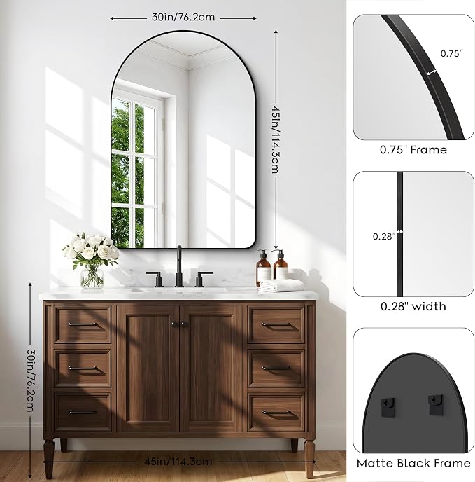 BONEWEI Arched Wall Mirror,30x45 inch Black Arched Mirror Bathroom,Vanity Mirror for Over Sink Metal Frame,Tempered Glass Arch Mirrors for Bedroom,Entryway,Living Room,Home Decor Shatter-Proof