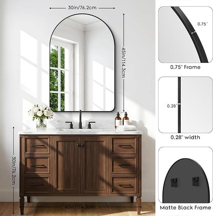 BONEWEI Arched Wall Mirror,30x45 inch Black Arched Mirror Bathroom,Vanity Mirror for Over Sink Metal Frame,Tempered Glass Arch Mirrors for Bedroom,Entryway,Living Room,Home Decor Shatter-Proof