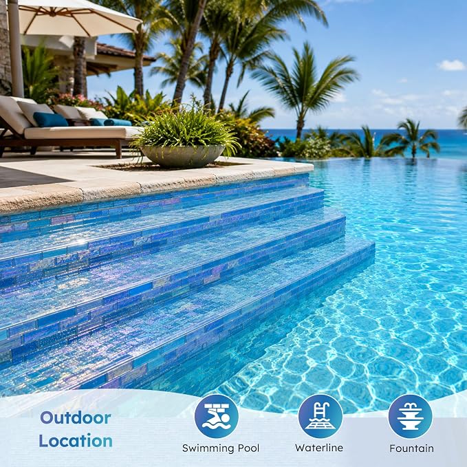 Pool Glass Mosaic Tiles, Iridescent Blue, 1x4 Inch Brick, 5 Sheets | Glass Linear Tile for Swimming Pool, Kitchen Backsplash, Shower, Bathroom Wall, Waterline, Fountain