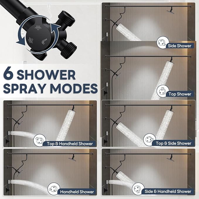 Dual Shower Head for Couples with 6-Mode Diverter, Matte Black | 304 Stainless Steel, Adjustable High Pressure Double Shower Head, Couples Gift, Renter-Friendly, Fits 53"-74" Wide Bathrooms