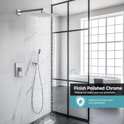 SR SUN RISE Shower Faucet Set & System - 12 Inch Rainfall Shower Head & Handle Set Wall Mounted Polished Chrome Solid Brass Valve Trim Kit Included