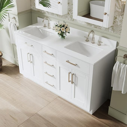 60-Inch Bathroom Vanity with Double Sinks W/ 4 Doors & 4 Drawers & 2 Flip Drawers, White Vanity W/Brushed Nickel Handles