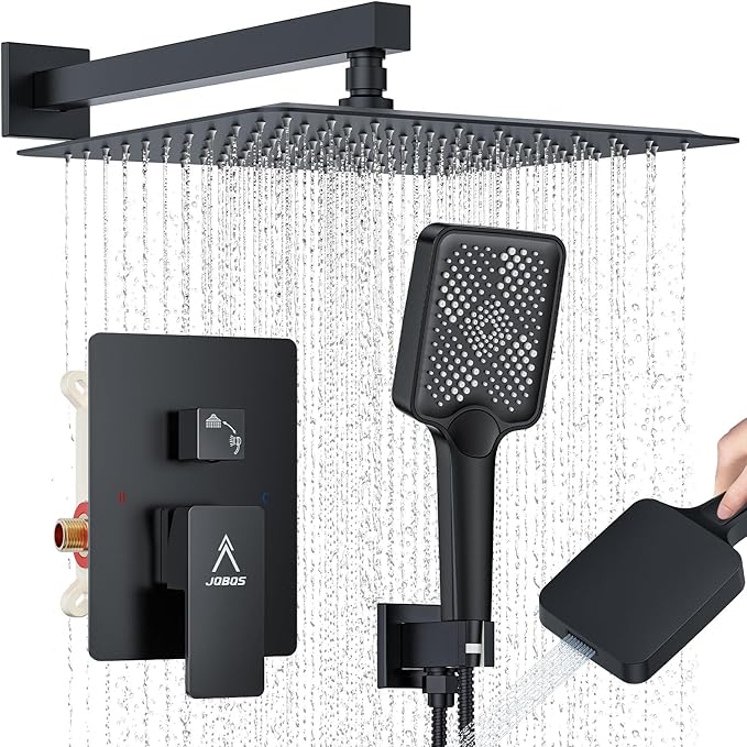 Shower System Modern Rain Brass Faucet Set With Valve and Diverter Shower Mixer With Handheld High Pressure Square Rainfall Shower Valve (12'' Wall Mount, Matte Black)
