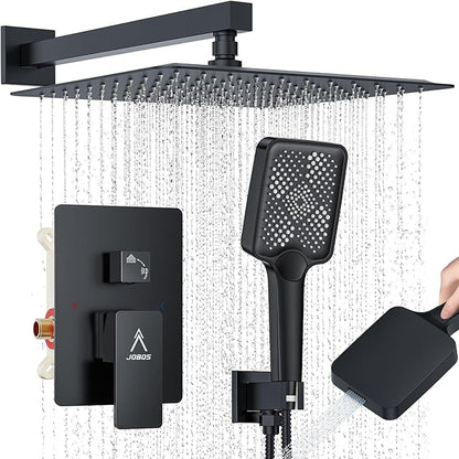 Shower System Modern Rain Brass Faucet Set With Valve and Diverter Shower Mixer With Handheld High Pressure Square Rainfall Shower Valve (12'' Wall Mount, Matte Black)