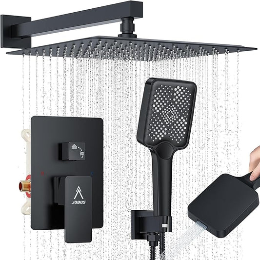 Shower System Modern Rain Brass Faucet Set With Valve and Diverter Shower Mixer With Handheld High Pressure Square Rainfall Shower Valve (12'' Wall Mount, Matte Black)