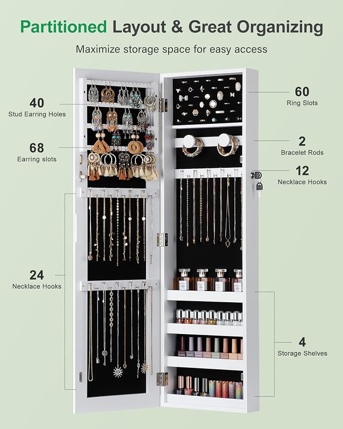 Nicetree Hanging Jewelry Cabinet, Jewelry Organizers and Storage, White | Lockable Jewelry Armoire Organizer, Over the Door Mirror with Jewelry Storage, Full Length, Gift Idea, Easy Assembly