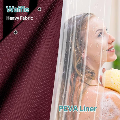 3 in 1 Shower Curtain Set, Waffle Shower Curtain and Liner Set with 12 Double Sided Shower Curtain Hooks, 258GSM Luxury Weighted Cloth Shower Curtains for Bathroom, 72 W x 72 H, Burgundy