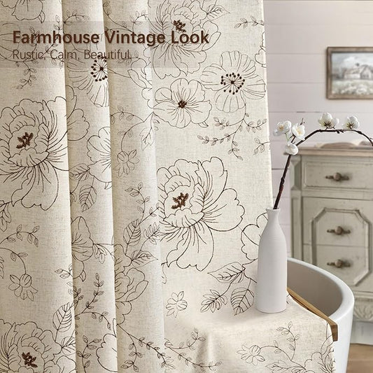 Farmhouse Floral Linen Shower Curtain, Vintage Brown Embroidered Pattern Rustic Shower Curtains for Bathroom, Tan Taupe,72x72