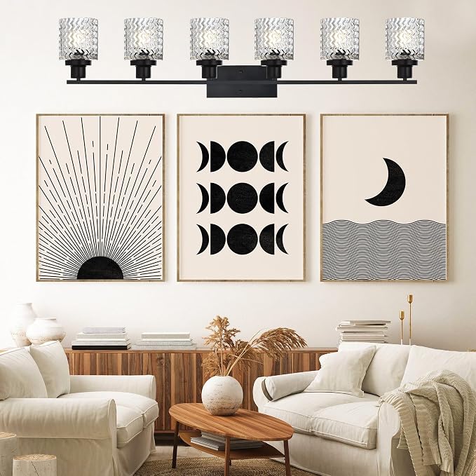MELUCEE 6 Lights Bathroom Lighting Fixtures Over Mirror Black | Vanity Light with Hammered Glass Shade Indoor Wall Mounted Lamp for Bathroom Bedroom Kitchen