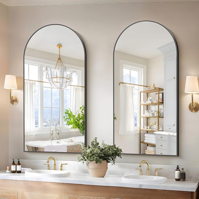 COFENY Arched Mirror, 24’’x48’’ Black Arch Mirror for Bathroom, Arched Bathroom Mirror with Frame, Modern Wall Mounted Mirror for Over Sink Mantle Bedroom Vanity Living Room Entryway