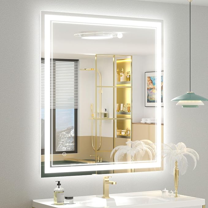 OKPAL 32x36 LED Bathroom Mirror with Lights, Anti-Fog Lighted Bathroom Mirror, Dimmable Lighted Mirrors for Bathroom Wall, LED Vanity Mirror, Shatterproof, ETL Listed, Horizontal/Vertical