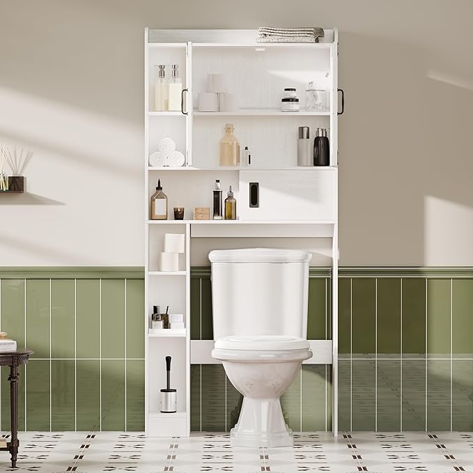 ChooChoo Over The Toilet Storage Cabinet, Farmhouse Bathroom Storage Cabinet with Sliding Door, Over Toilet Storage with Adjustable Shelves, Space-Saving, Antique White