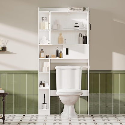 ChooChoo Over The Toilet Storage Cabinet, Farmhouse Bathroom Storage Cabinet with Sliding Door, Over Toilet Storage with Adjustable Shelves, Space-Saving, Antique White
