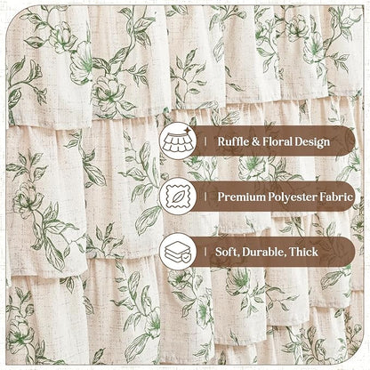 Extra Long Farmhouse Ruffle Shower Curtains with Green Floral, 72"Wx90"L | French Country Vintage Rustic Washable Waterproof Shower Curtain for Bathroom Bathtub, 12 Metal Hooks
