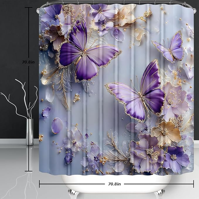 Chrainy 4pcs Purple Butterfly Shower Cutain Set Bathroom Decor with Rugs | Floral Bath Accessories with Waterproof Curtain, Bath Mat, Toilet Lid Cover, U-Shaped Rug and 12 Hooks for Washroom, 71*71in