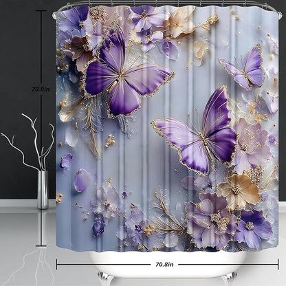 Chrainy 4pcs Purple Butterfly Shower Cutain Set Bathroom Decor with Rugs | Floral Bath Accessories with Waterproof Curtain, Bath Mat, Toilet Lid Cover, U-Shaped Rug and 12 Hooks for Washroom, 71*71in