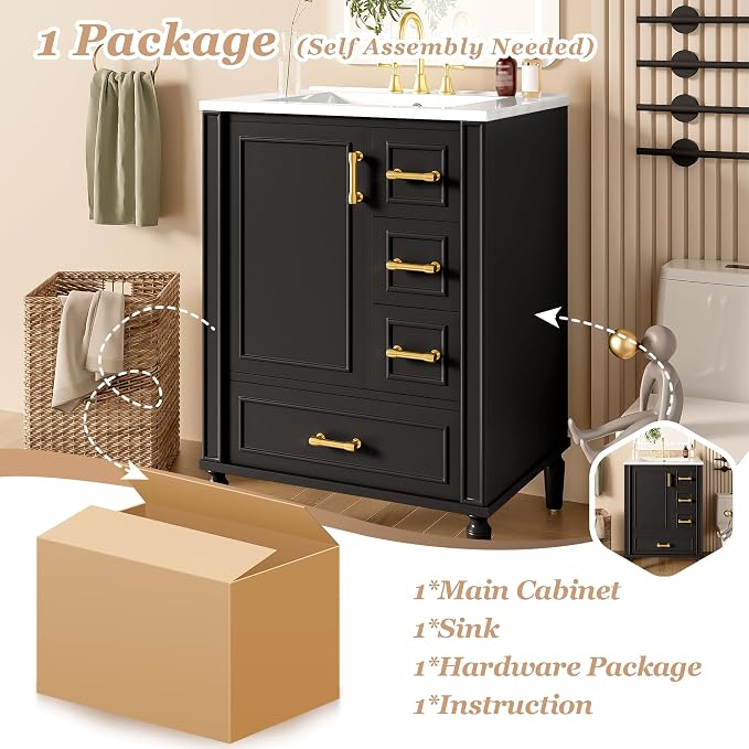 24 Inch Modern Bathroom Vanity with Ceramic Sink, Freestanding Bathroom Cabinet with Soft-Close Door, 3 Drawers, Gold Handles & Door-Mounted Storage Rack, Solid Wood & MDF, Black