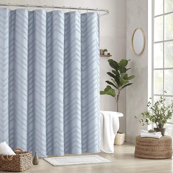 84inches Extra Long Light Blue Boho Fabric Shower Curtain Tufted Chevron Striped Textured Cloth Curtains for Bathroom, Fog Blue