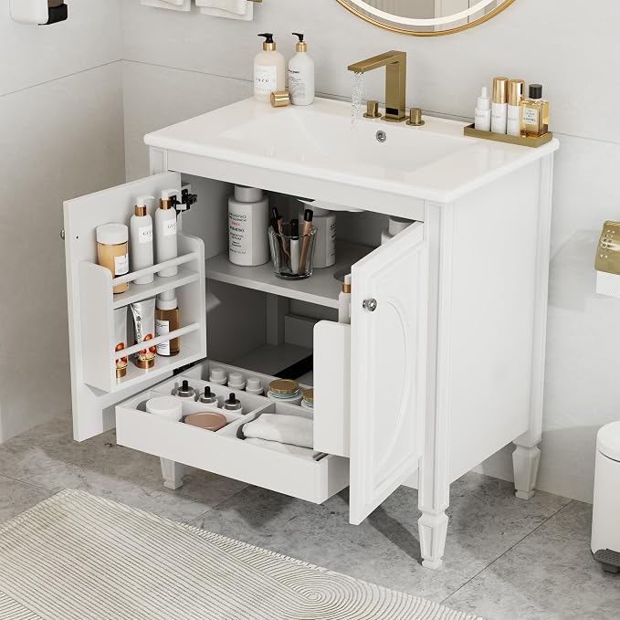 Christopher Knight Home Benton 30" Bathroom Vanity with Ceramic Sink, Rubberwood Frame, Adjustable Shelves, Soft Close Door Hinges, Storage Cabinet with 2-Tier Door Organizer, 1 Drawer, White