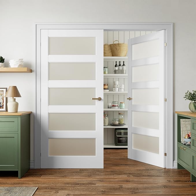 SMARTSTANDARD 72" x 80" Frosted Glass Pantry Door, Solid Core Slab Door | Need to Assembly, 5-Panel without Hardware, French Interior Door for Pantry Pocket, White Primed