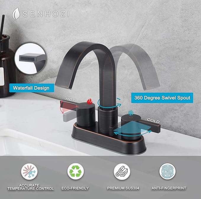 Oil Rubbed Bronze Bathroom Faucet 3 Hole, Senhozi 4 Inch Centerset Bathroom Faucet with Pop up Drain and 2 Supply Lines, Waterfall Bathroom Faucet Modern Faucet Bathroom, SE-0048-ORB