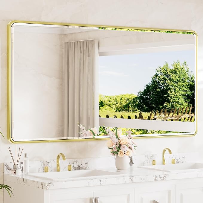 Brushed Gold Framed Bathroom Mirror 72 x 36 Large Beveled Edge Tempered Glass, Rounded Corner Rectangle Bathroom Mirror for Modern Bathroom, Living Room, Bedroom, Entryway
