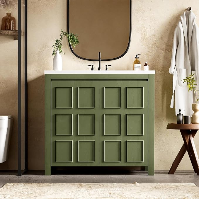 SOFTSEA 36" Bathroom Vanity with Sink Combo, Single Sink Bathroom Vanity with Soft-Close Doors, Solid Wood Frame Bathroom Cabinet, Ceramic Basin, Easy Assembly, Green