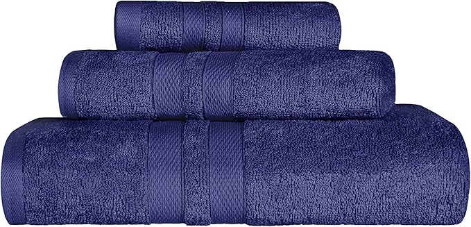 SUPERIOR Ultra-Soft 3-Piece Cotton Towel Set, Daily Use for Bathroom, Guest Room, Quick Dry, Set Includes 1 Bath Towel, 1 Hand Towel, and 1 Washcloth, Essential Plush Towels for Home - Navy Blue