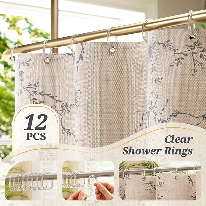 Vintage Floral Shower Curtain with 12 Clear Rings - 72" W x 72" L | Farmhouse Fabric Faux Linen Shower Curtain Set, French Country Cottagecore Style Shower Curtain for Bathroom