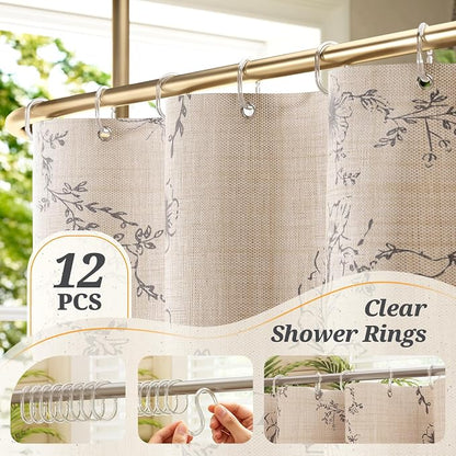 Vintage Floral Shower Curtain with 12 Clear Rings - 72" W x 72" L | Farmhouse Fabric Faux Linen Shower Curtain Set, French Country Cottagecore Style Shower Curtain for Bathroom