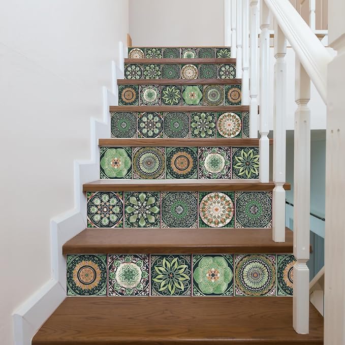 Easy Peel Stick Vinyl wall Tile Decals 6x6in Stick on backsplash,12Pc | Waterproof&heat resistant tile stickers for kitchen RV laundry backsplash decor,remove no damaging,green mandala pattern