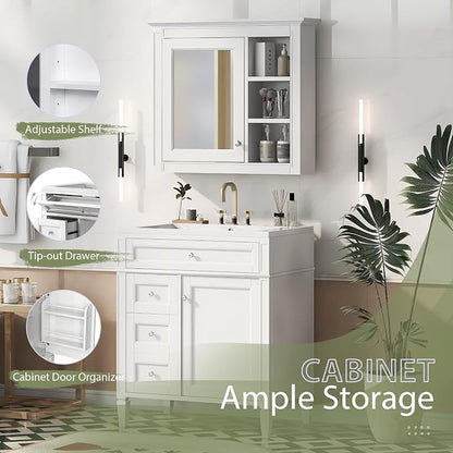 Merax 30 Inch Bathroom Vanity with Sink, Modern Bathroom Vanity Storage Cabinet with Matching Mirror Medicine Cabinet, Solid Wood Frame，Painted Finish, 2 Drawers and 1 Tip-Out Drawer, White