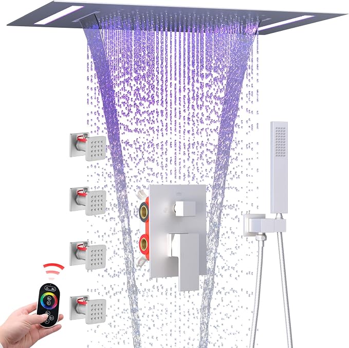 ENGA Shower System with Body Jets, 2 In 1 Functions Ceiling Mount 14x20inch LED Shower Head with 4 Body Jets, Rainfall Waterfall Shower Faucet Set, Brushed Nickel