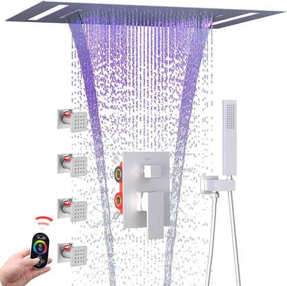 ENGA Shower System with Body Jets, 2 In 1 Functions Ceiling Mount 14x20inch LED Shower Head with 4 Body Jets, Rainfall Waterfall Shower Faucet Set, Brushed Nickel