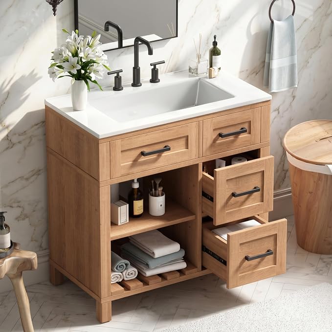 30" Mid-Century Bathroom Vanity with SMC Sink (Natural Wood Style2, 30") | Ample Storage Space with 2 Drawers, Adjustable Shelves & Open Breathable Hollow Shelf, Solid Wood Legs, Matte Black Handles
