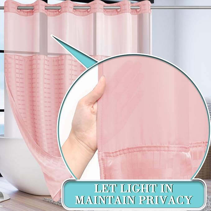 Conbo Mio Extra Wide No Hook Shower Curtain with Snap in Liner Set, 108" x 74" Hotel Luxury Pink Shower Curtains for Bathroom with See Through Top Window, Waterproof, Washable 108W x 74H