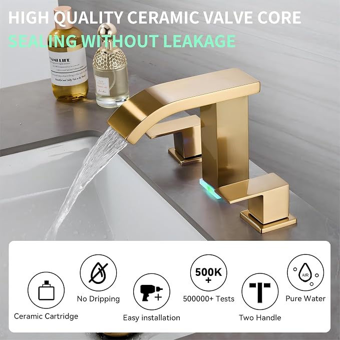 Brushed Gold Waterfall Bathroom faucets, 8 inch Widespread Modern Sink Faucet, Touch on 3 Hole 2 Handle Vanity,Gold Bathroom Sink Faucet with LED Light (Brushed Gold)