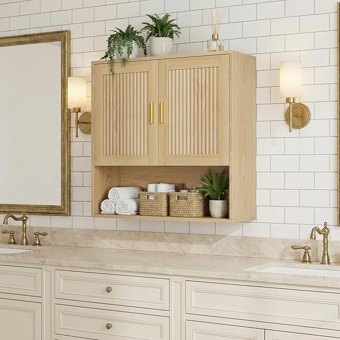 Fluted Bathroom Cabinet, Bathroom Wall Cabinet with Adjustable Shelves, Wooden Wall Storage Cabinet for Bathroom, Kitchen, Living Room, Bedroom