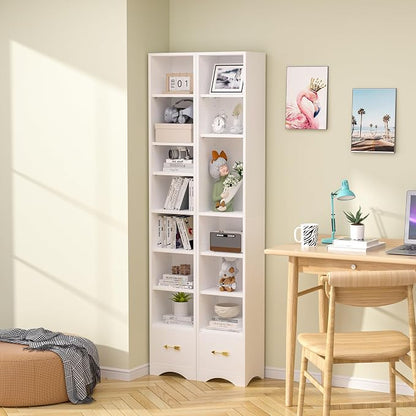 VECELO Tall Narrow Bookshelf with Drawer, 6 Adjustable Movable Shelves, Wood Space Saving Corner Storage Cabinet for Bathroom Bedroom, Pearl White