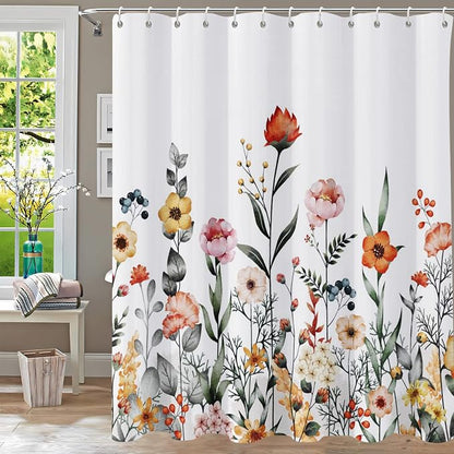 Floral Shower Curtain, Flower Shower Curtains for Bathroom, Watercolor Leaf Bathroom Curtain, Fabric Shower Curtains for Home Hotels Bathtubs Decor Easy Care Machine Washable 72x72
