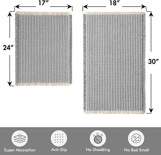MIULEE Set of 2 Waffle Bathroom Rugs LightGrey&Cream 17"x24"+18"x30" | Non Slip, Super Absorbent, Washable, Ultra Soft, Rubber Backed, Small Boho Bath Rugs for Bathroom Floor Tub Shower