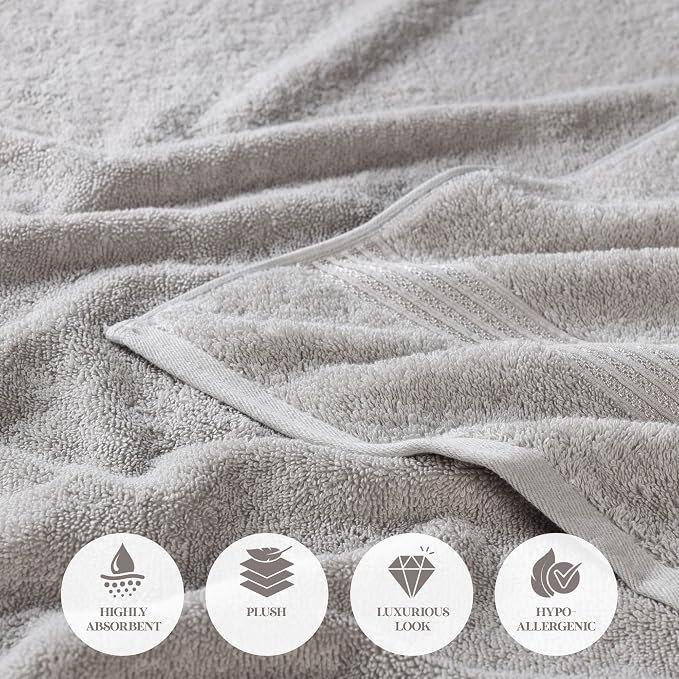 SUPERIOR Egyptian Cotton Bath Towel Set, Home Bathroom Towels, Master, Guest Bath, Decor Essentials, Quick Dry, Absorbent, Large Body Towels, Spa, Hotel, Resort, Adult, Kids, Set of 2, Silver