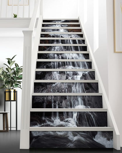 FLFK Stair Riser Decals - Stair Stickers Decals Peel and Stick,Rock Waterfall Stair Decals Self-Adhesive for Home Decor, 39.3" W x 7.08" H x 13Pcs