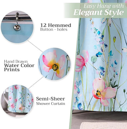 Maison d' Hermine Shower Curtain 100% Cotton One Panel 70"x72" Washable Fabric Shower Curtains for Bathroom, Easy Hanging with 12 Button Holes - Home Hotel Spa Easter Gifts (Delphinium - Cyan)