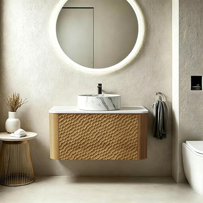 30 Inch Modern Bathroom Vanity with Ceramic Sink, Floating Bathroom Vanity Cabinet with Sintered Stone Top&Solid Wood Hammered Frame, Single Sink Bathroom Vanities w/Soft-Close Drawers,Natural
